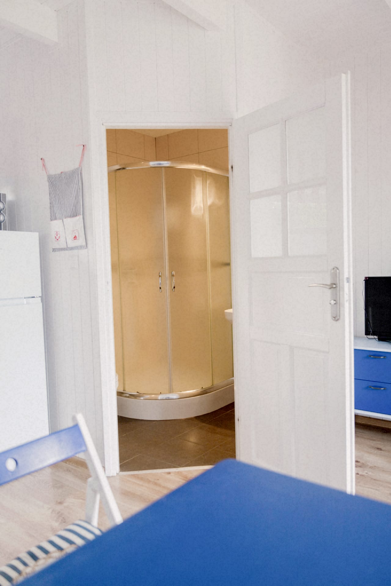 Widok z salonu na otwartą łazienkę z kabiną prysznicową – układ wnętrza domku letniskowego w Chłapowie.